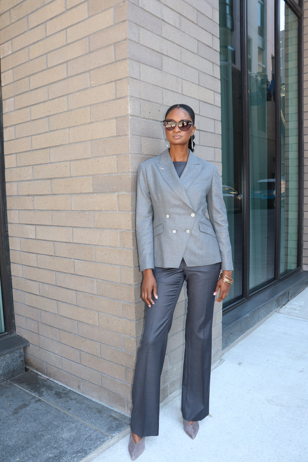 Modern Grey DB Blazer with Charcoal Flare Trouser and Bateau Neck Top
