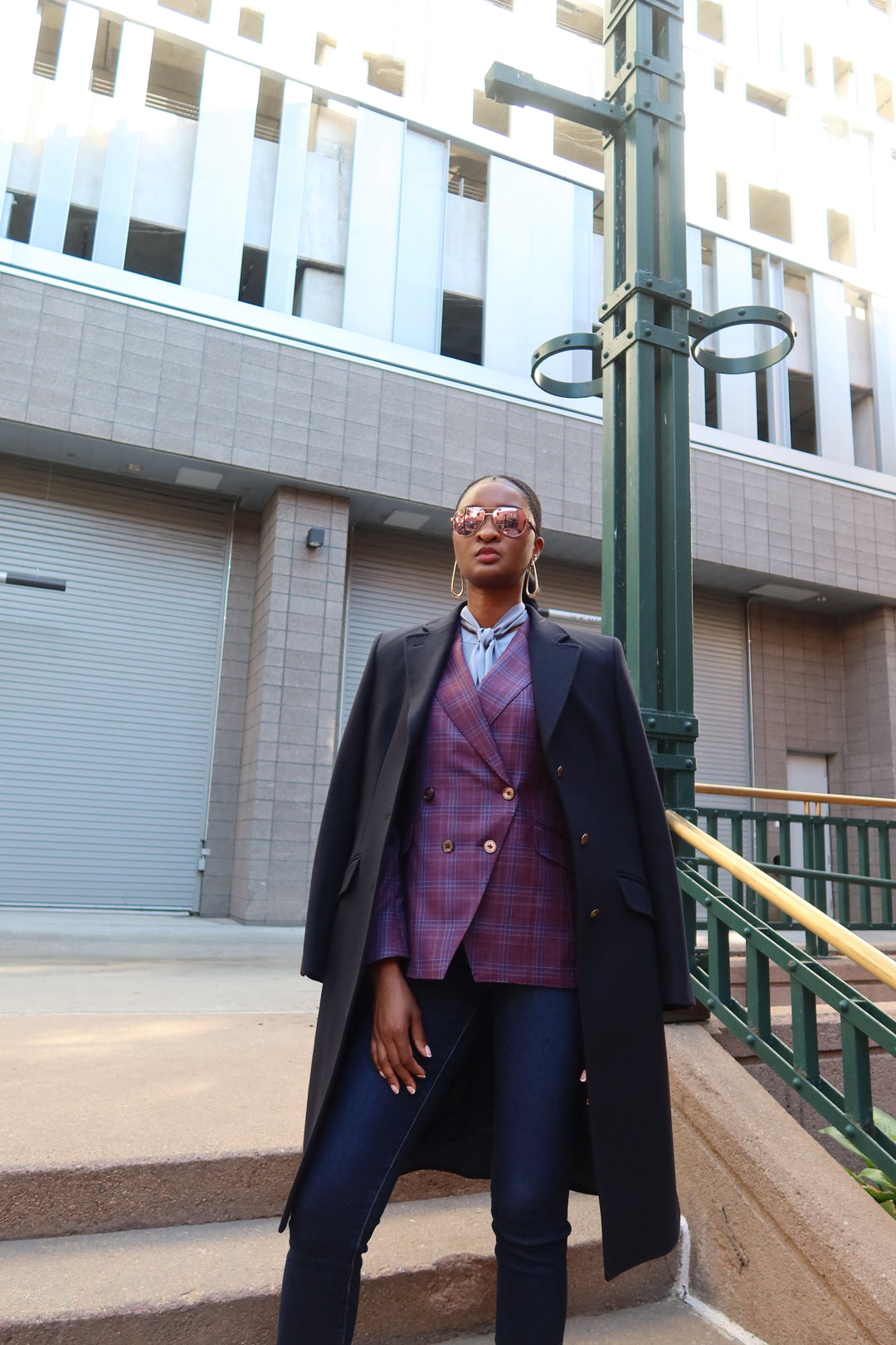Purple / Blue Plaid Double Breasted Blazer with Strong Navy Overcoat