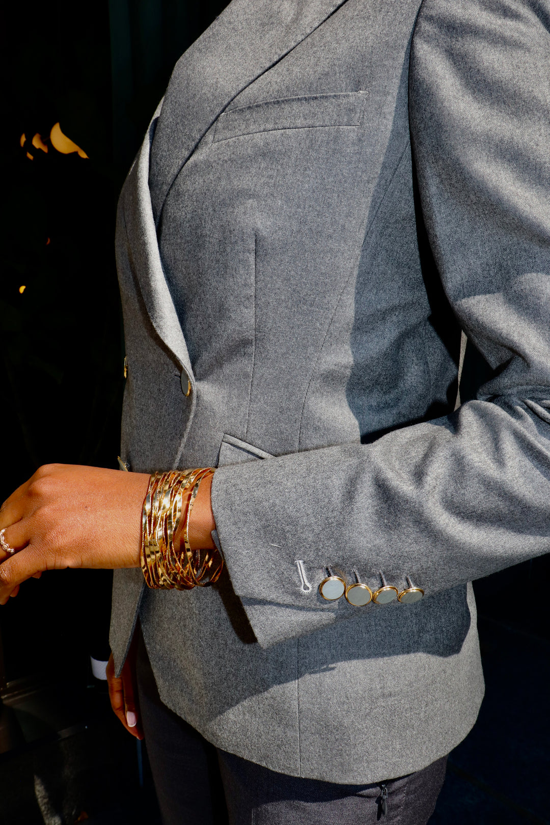 Modern Grey Double Breasted Blazer, Closeup