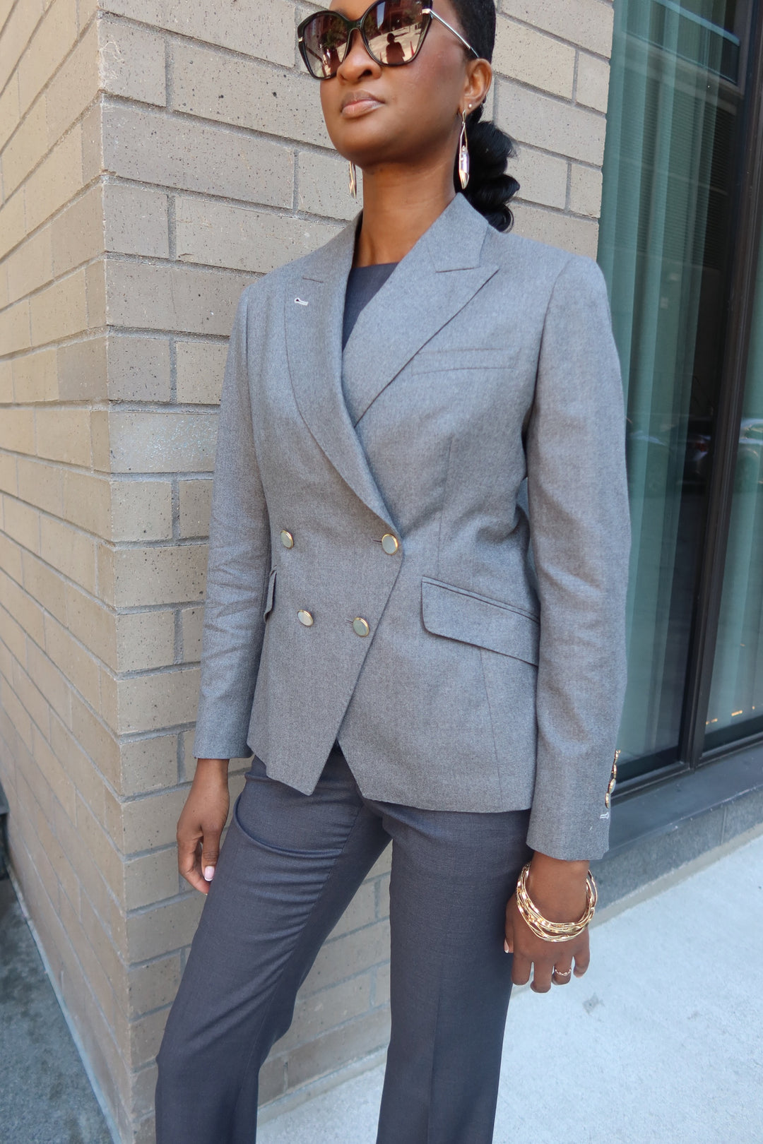 Modern Grey DB Blazer with Charcoal Flare Trouser and Bateau Neck Top