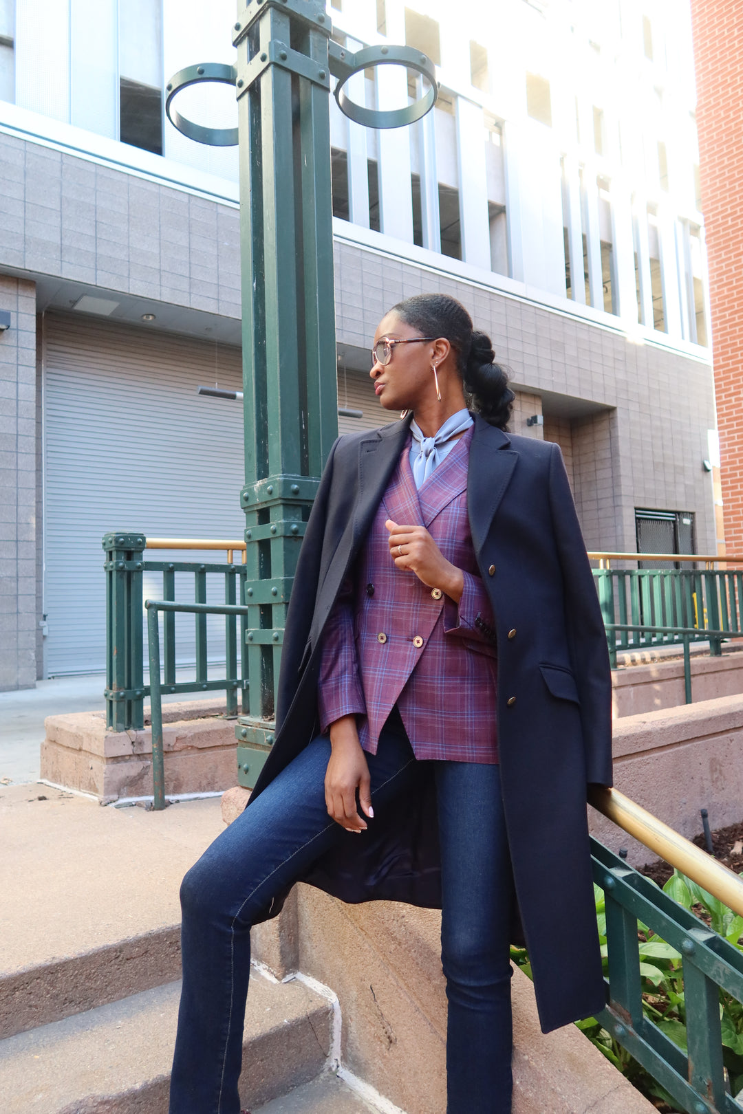 Purple / Blue Plaid Double Breasted Blazer with Strong Navy Overcoat