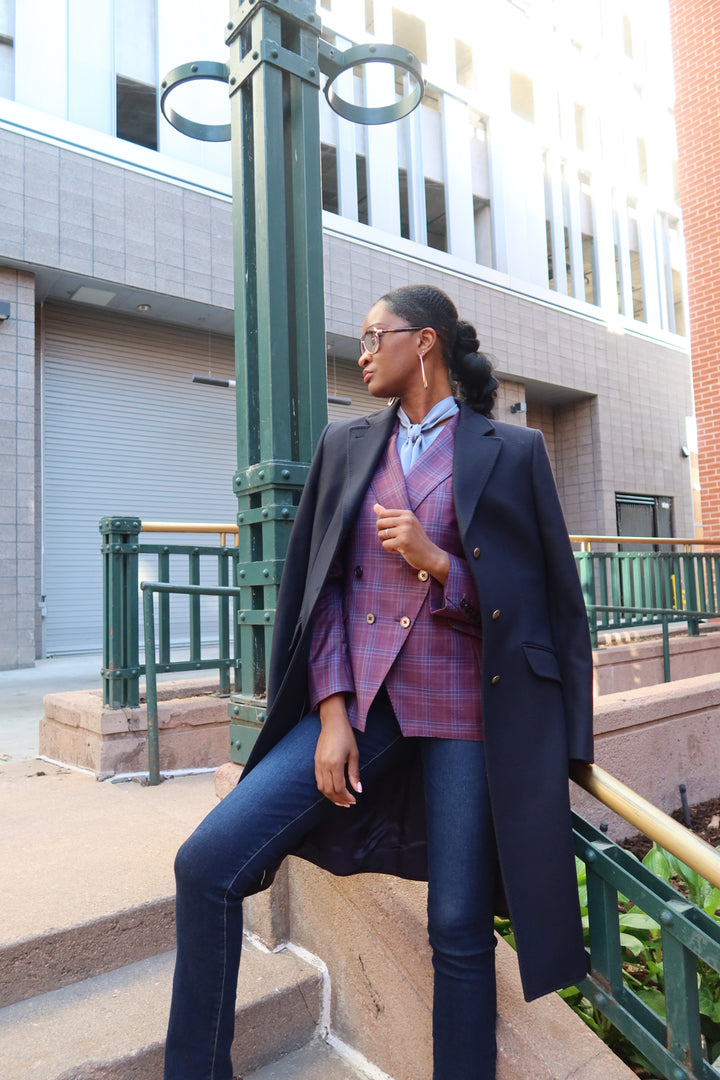 Purple / Blue Plaid Double Breasted Blazer with Strong Navy Overcoat