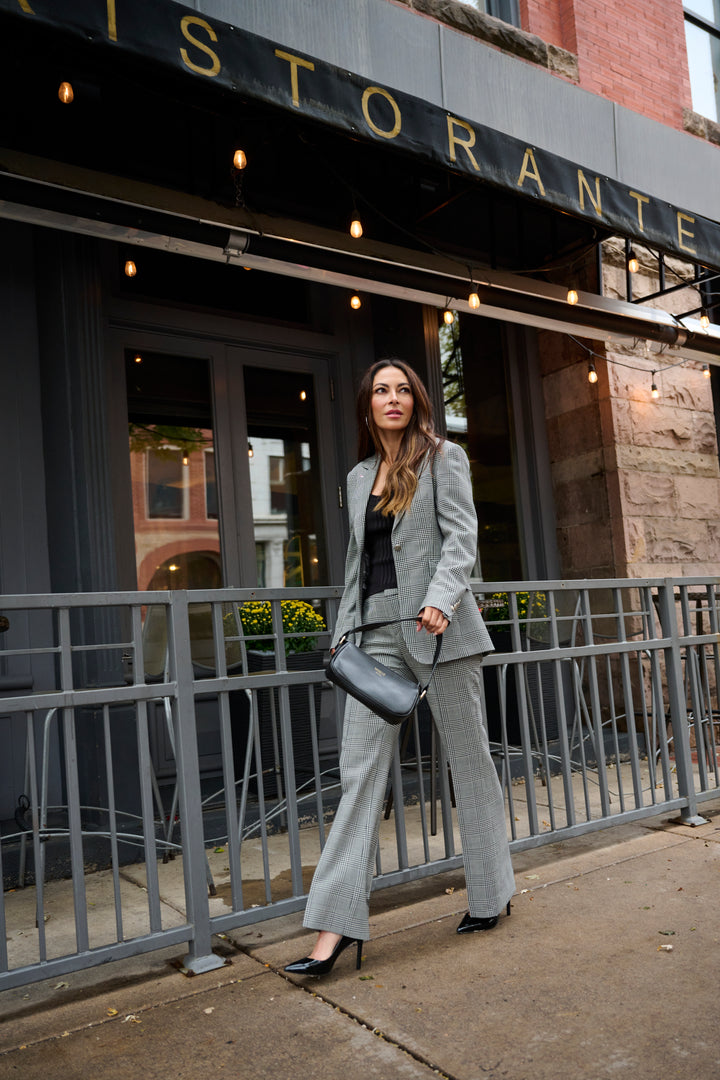 Glen Plaid Blazer & Flare Trouser with Vogelle Handbag