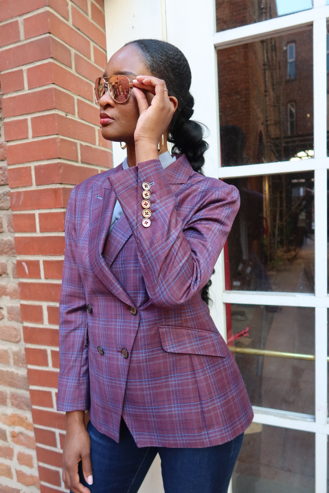 Double Breasted Blazer - Purple/ Blue Plaid