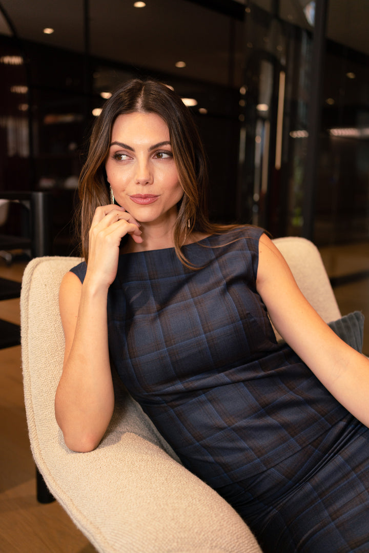 Bateau Neck Top - Boardroom Blue Plaid