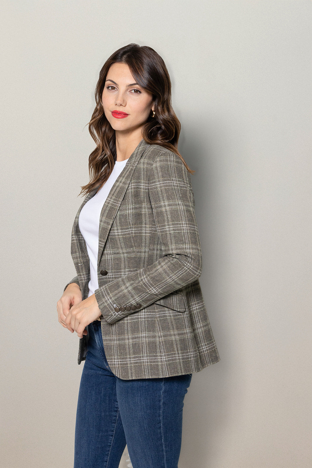 Grey and Green Plaid Blazer Womens
