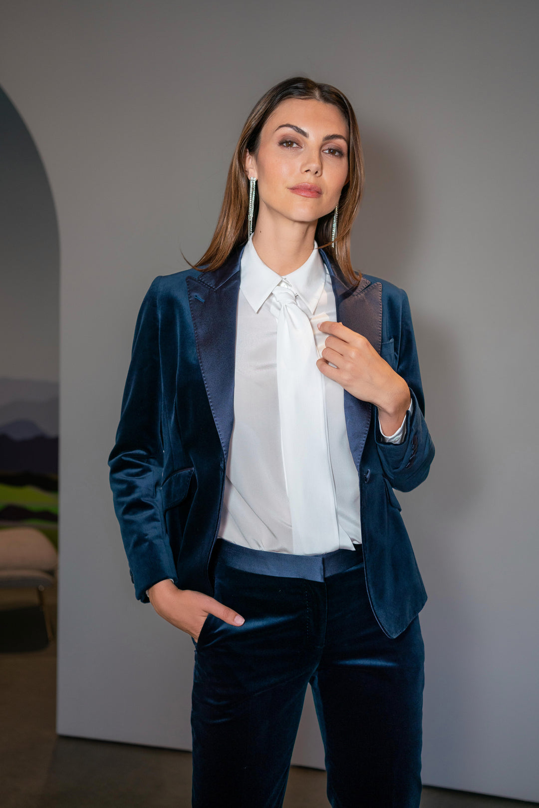 Ink Blue Velvet Tuxedo Jacket and Pant, and White Silk Tie Blouse