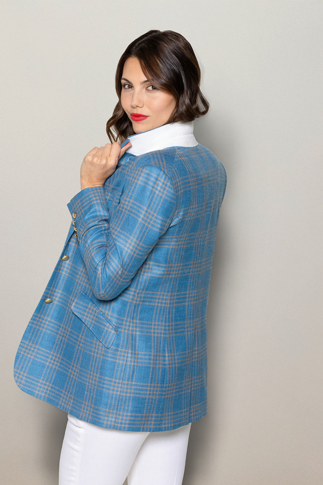custom blue plaid blazer with customizable details